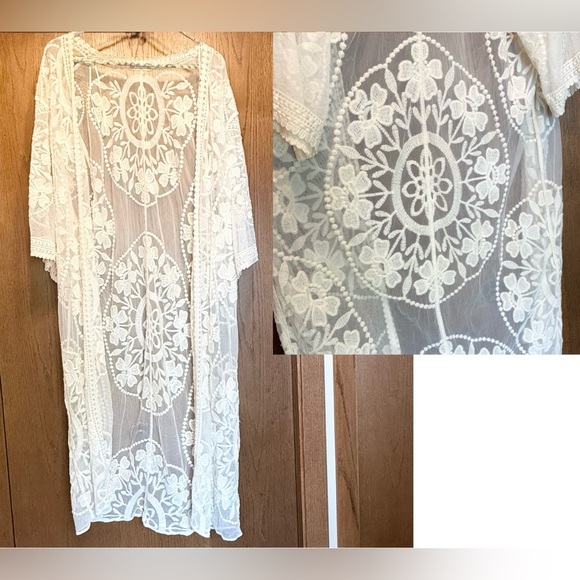 Altar'd State Tops - Altar'd State Ivory Mesh Embroidered Duster Lightweight Kimono Festival Boho